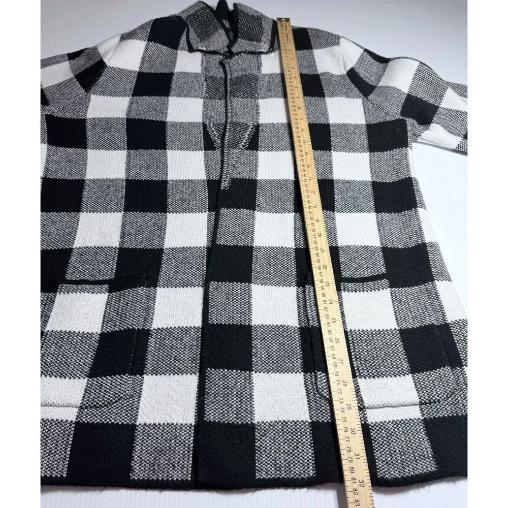 Talbots Black White Buffalo Plaid Open Cardigan Womens XL Knit Sweater w/Pockets